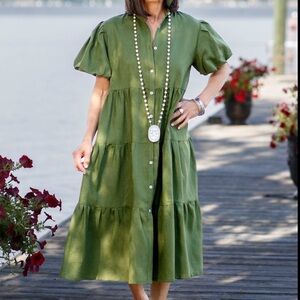NWT Phoebe Tiered 100% Linen Dress Crown Linen Designs Arte Italica Green